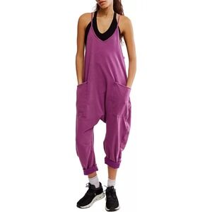 Free People Movement Hot Shot Jumpsuit Romper Deep Mulberry L Wide Leg Pockets